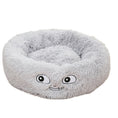Load image into Gallery viewer, Grey plush round pet bed with embroidered playful eyes and mouth