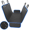 Charger l'image dans la visionneuse de la galerie, Blue framed waterproof dog car seat cover hammock hung with straps, shown flat with water droplets inset
