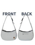 Load image into Gallery viewer, Front and back views of light gray pet travel shoulder bag highlighting zippered pocket on back