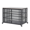 Cargar la imagen en la vista de la galería, Empty black metal dog crate with wood top and four caster wheels