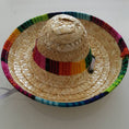 Load image into Gallery viewer, Detailed view of woven pet sombrero hat with bright multicolored trim on white background