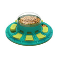 Load image into Gallery viewer, Isolated image of teal and lime green interactive dog puzzle feeder filled with kibble