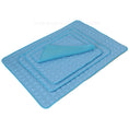 Load image into Gallery viewer, Four sizes of blue quilted pet cooling mats layered showing breathable mesh backing