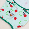 Charger l'image dans la visionneuse de la galerie, Close-up of mint green dog pajamas featuring cherry and dog faces pattern with green trim