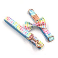 Load image into Gallery viewer, Collar and leash laid out showing matching heart print design and rose gold accents