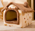Cargar la imagen en la vista de la galería, Beige plush pet house with bear pattern and rounded entrance on carpet
