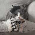 Load image into Gallery viewer, Side view of gray and white cat wearing a black knitted beret and black-beige plaid scarf