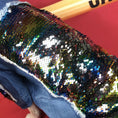 Charger l'image dans la visionneuse de la galerie, Close-up view of multicolored sequins on black denim dog jacket with frayed edges