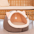 Load image into Gallery viewer, Gray plush pet house with pink ears placed near wicker furniture