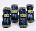 Cargar la imagen en la vista de la galería, Set of dark blue glittery dog winter boots lined with gray faux fur