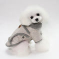 Cargar la imagen en la vista de la galería, White poodle wearing a light gray plush wool blend dog coat with gray fleece lining, sitting and looking at the camera
