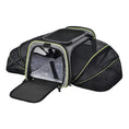 Load image into Gallery viewer, Black and gray expandable pet carrier with yellow trim, plush gray cushion, open front door, and mesh expanded sides