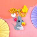 Load image into Gallery viewer, Felt mouse-shaped cat toy with yellow elastic rope and cheese piece on pink background