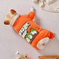Cargar la imagen en la vista de la galería, Top view of French Bulldog in orange jumpsuit displaying embroidered back patch