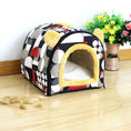 Load image into Gallery viewer, Geometric patterned plush pet kennel with yellow faux bear ears on wooden floor