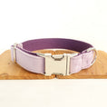 Load image into Gallery viewer, Silver quick-release buckle and D-ring on light purple velvet dog collar with purple fabric lining