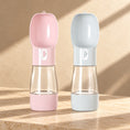 Load image into Gallery viewer, Pink and grey portable pet water bottles with food storage, two-pack