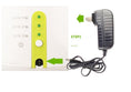 Load image into Gallery viewer, Close-up of power adapter connection port and power button with indicators on ball launcher with directional arrows