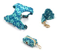 Load image into Gallery viewer, Padded blue tie-dye dog harness with matching leash and waste bag holder