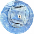 Load image into Gallery viewer, Top view of blue tie-dye breathable dog bucket hat with inner strap labeled size S