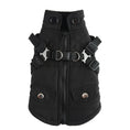 Charger l'image dans la visionneuse de la galerie, Black quilted winter dog vest with collar, zipper front, harness straps, and snap pockets