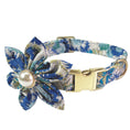 Load image into Gallery viewer, Blue floral dog collar with gold buckle and blue bow with pearl center