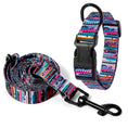 Load image into Gallery viewer, Set of dog collar and matching leash in pink, blue, black stripe pattern displayed on white background