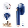 Load image into Gallery viewer, Close up of blue rotating pet hair comb showing silicone bristles, rotation mechanism, and small images of cats and dogs.