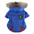 Charger l'image dans la visionneuse de la galerie, Blue insulated dog vest with faux fur hood and elastic gathered sides showing back view