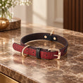 Cargar la imagen en la vista de la galería, Red croc-texture dog collar with rose-gold buckle on brown marble