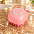 Load image into Gallery viewer, Pink square silicone bath brush with smile face and shampoo refill cap