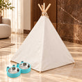 Cargar la imagen en la vista de la galería, White canvas pet teepee rear exterior with turquoise frog double feeding bowl