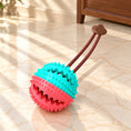 Charger l'image dans la visionneuse de la galerie, Turquoise and pink dog chew ball with short brown pullcord on light ivory-beige marble