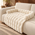 Load image into Gallery viewer, Cream plush dog sofa mat with raised bolsters and a draped front on a cream fabric sofa.