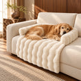 Load image into Gallery viewer, Honey-gold golden retriever resting on a cream plush sofa mat beside a brown marble side table.