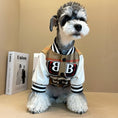 Cargar la imagen en la vista de la galería, Small dog wearing plaid letter patch jacket with white faux leather sleeves and black and white striped ribbed cuffs and collar