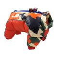 Cargar la imagen en la vista de la galería, Orange, black, green, and beige camouflage padded dog winter coat with zipper and full four-leg coverage