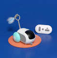Load image into Gallery viewer, Remote control cat toy with blue wheels and feather attachment on orange base with matching remote control on blue background