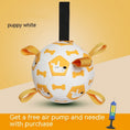 Cargar la imagen en la vista de la galería, White and yellow inflatable dog toy ball with dog and bone prints and orange loops alongside a free air pump