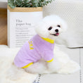 Load image into Gallery viewer, Small white dog sitting and wearing lavender Arizona fleece dog jumper with yellow collar and cuffs