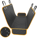 Charger l'image dans la visionneuse de la galerie, Orange trimmed waterproof dog car seat cover hammock hung with straps, shown flat with water droplet close-up