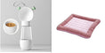 Load image into Gallery viewer, Pink cooling pet bed mat with white quilted center and striped cushions shown with white and silver pet feeder.