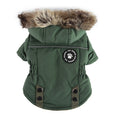 Charger l'image dans la visionneuse de la galerie, Green insulated dog vest with faux fur hood and elastic gathered sides showing back view
