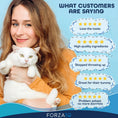 Cargar la imagen en la vista de la galería, Woman holding a white cat with customer testimonials praising taste, quality, and digestive benefits