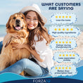 Cargar la imagen en la vista de la galería, Happy woman hugging golden retriever with customer reviews highlighting taste, quality, and anxiety relief