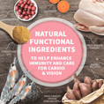 Cargar la imagen en la vista de la galería, Natural functional ingredients for immune boost including cranberries, carrots, coenzyme Q10, wild-caught krill, free-range turkey, and sweet potato on wooden background
