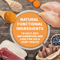 Cargar la imagen en la vista de la galería, Natural functional ingredients for mobility advance including psyllium, turmeric, sweet potato, free-range duck, chicken, blueberries, and fresh duck meat on wooden surface