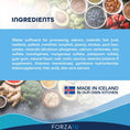 Cargar la imagen en la vista de la galería, Forza10 Dermo cat food ingredient list with natural food items background and Icelandic flag