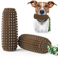 Load image into Gallery viewer, Brown corn-shaped dog chew toy with attached rope and dog holding it in mouth