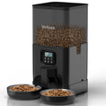 Load image into Gallery viewer, White automatic pet food feeder dispensing food into two white stainless steel bowls